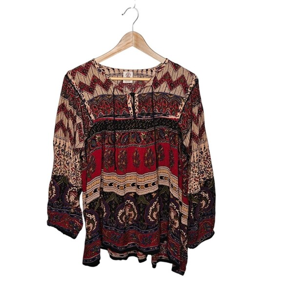 Gypsy Rose Womens S Boho Paisley  Tie Neck Top Balloon Sleeve Flowy Folksy Boho - Picture 2 of 12
